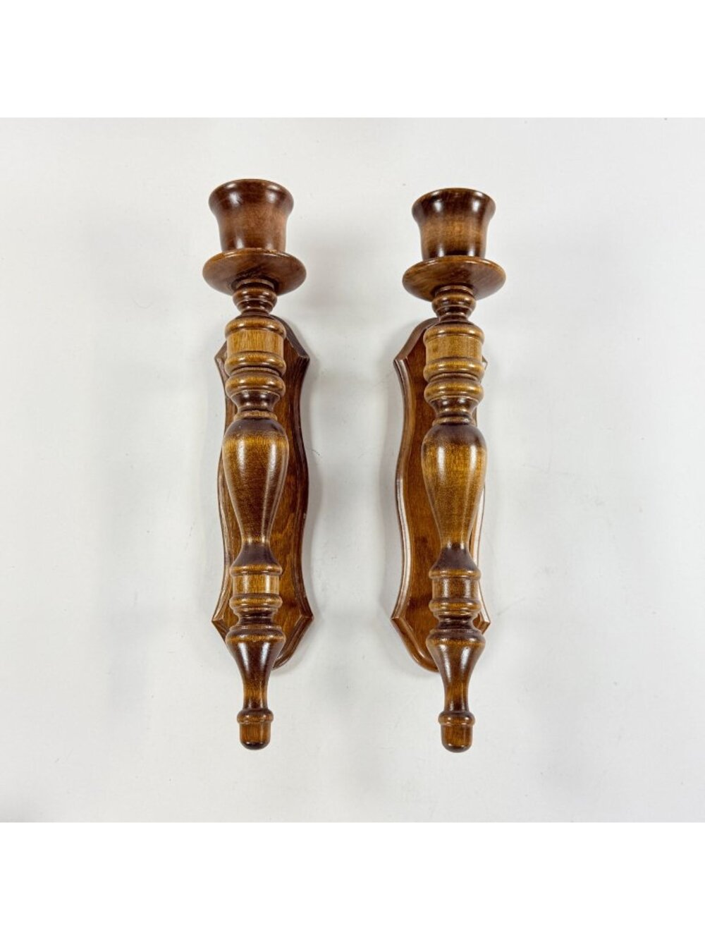 Vintage 2 MCM Wooden Wall Sconces Candlesticks Taper Candle Holders 16" Pair